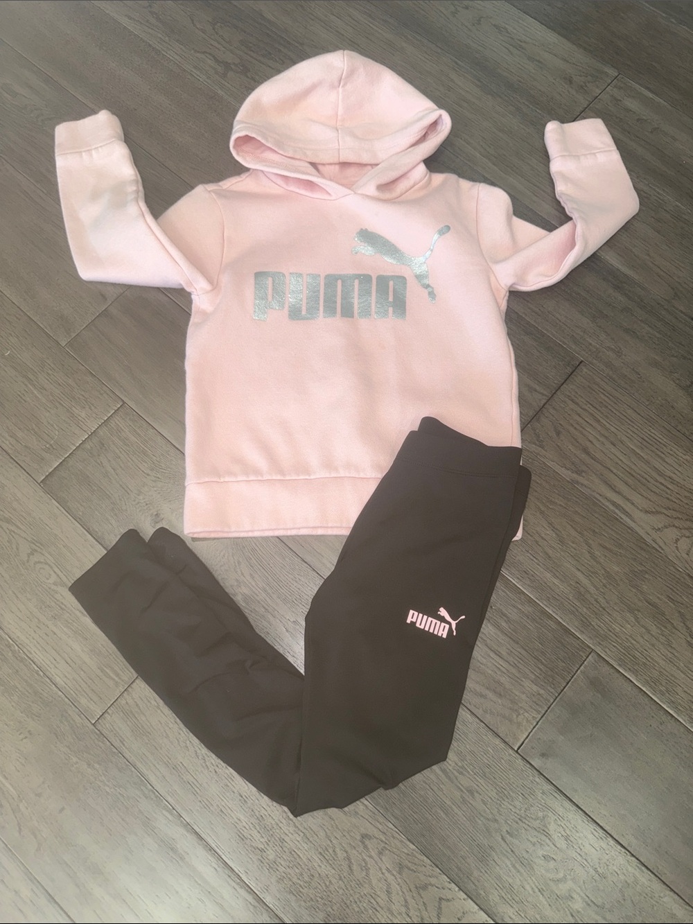 PUMA Kids' Pink Hoodie sweater and Black Bottoms leggings activewear Set
